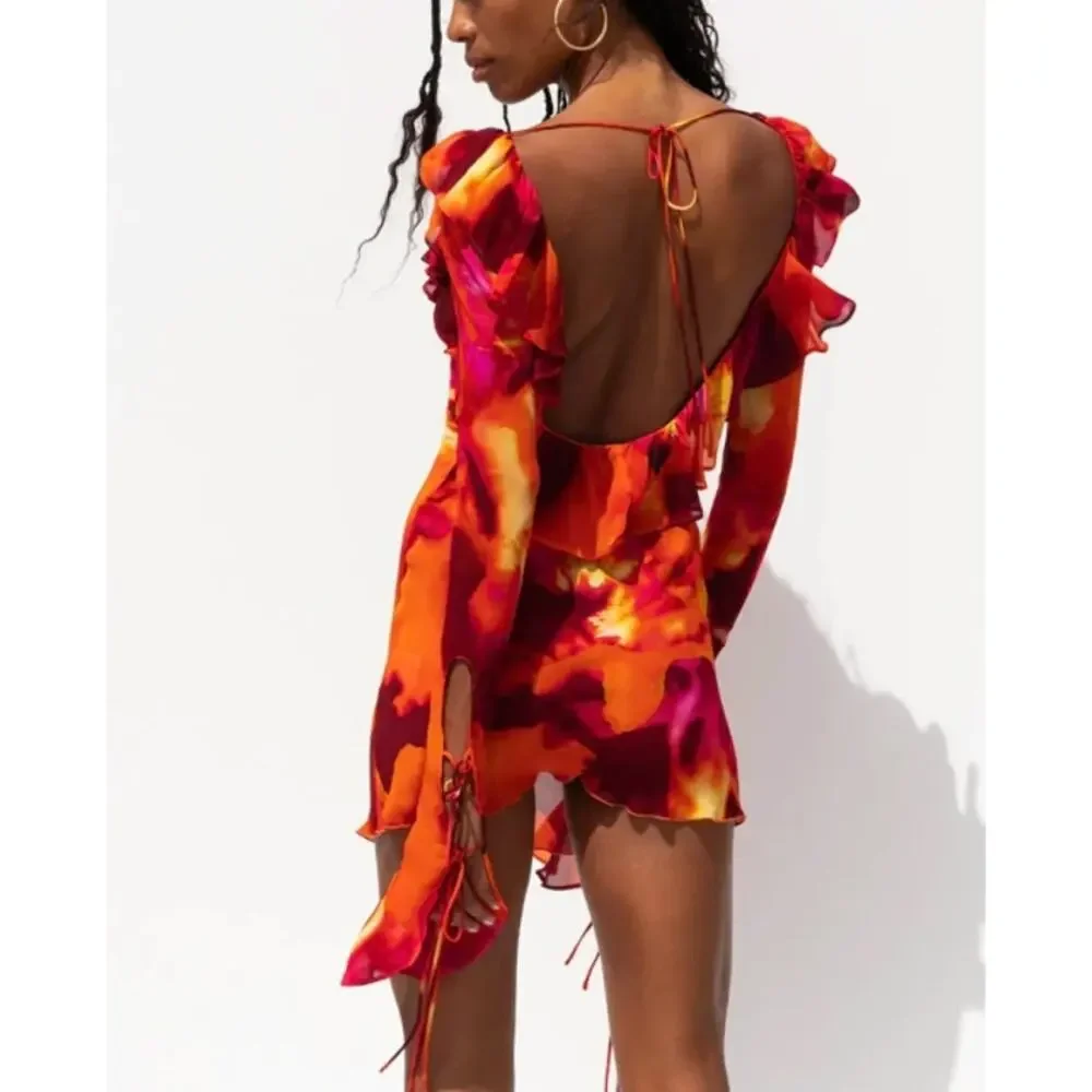 NWT Rat And Boa Dali Dress Tie Dye Open Back Mini Red Orange Size Small - Picture 4 of 15